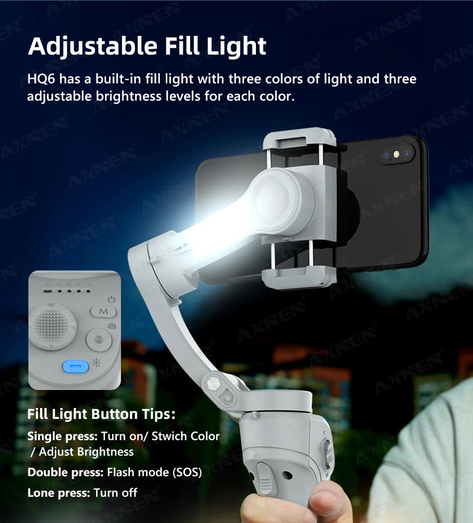 3 Axis Handheld Gimbal Stabilizer for Smartphone with Fill Light for iPhone Android Face Tracking Tiktok Vlog Smart Gimbals HQ6