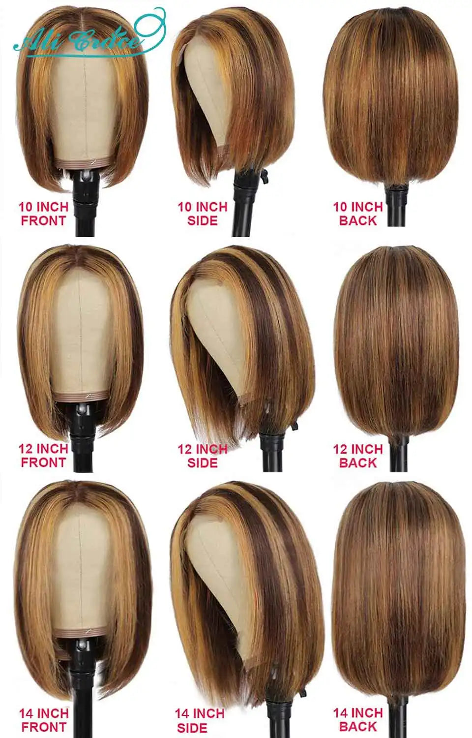 Ali Grace Highlight Brown Wig Straight Short Bob Wigs Ombre Color Human Hair Wigs 4X4 Lace Closure Wig Blunt Bob Wig Pre-Plucked