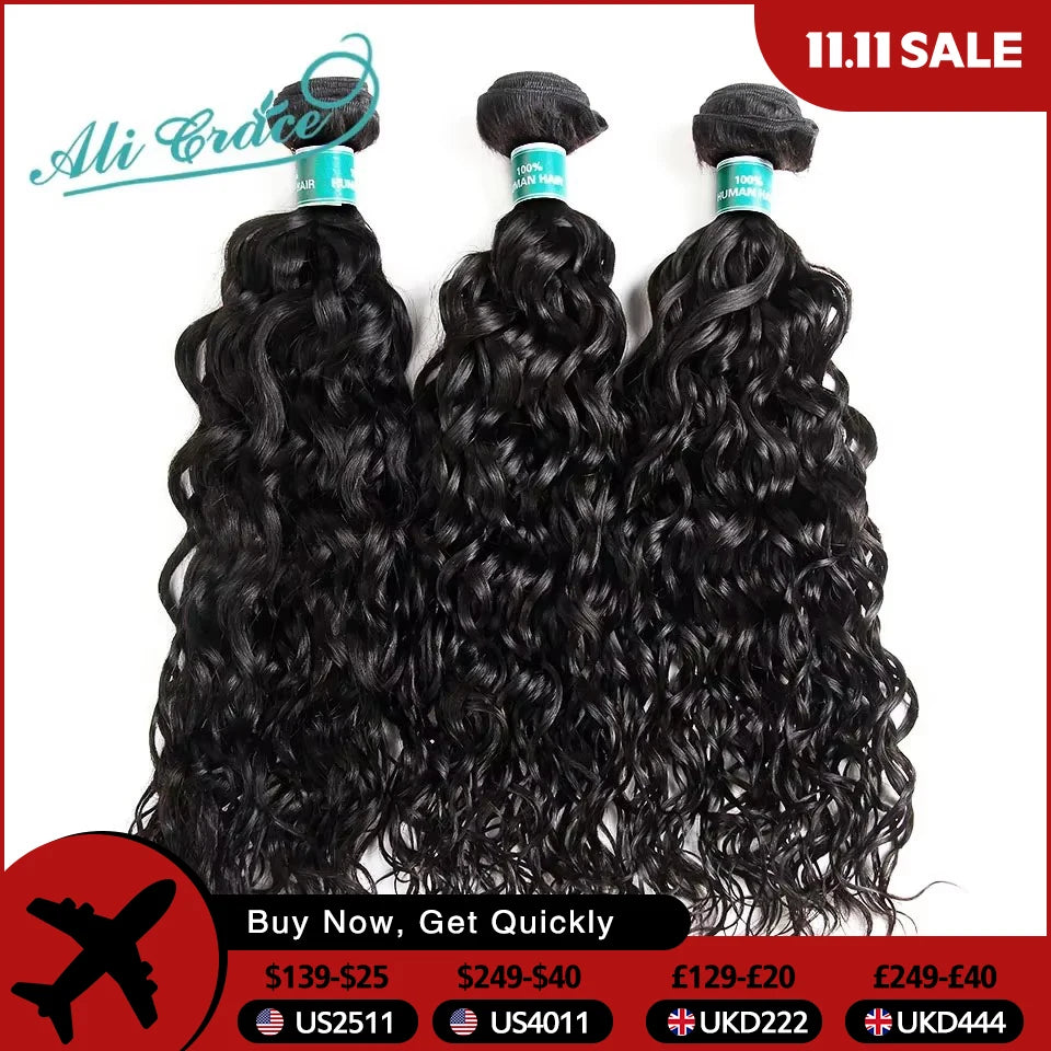 ALI GRACE Brazilian Water Wave Hair Bundles 100% Human Hair Weaving Remy Hair Extensions Water Wave3/4 Hair Bundle Fast Shipping