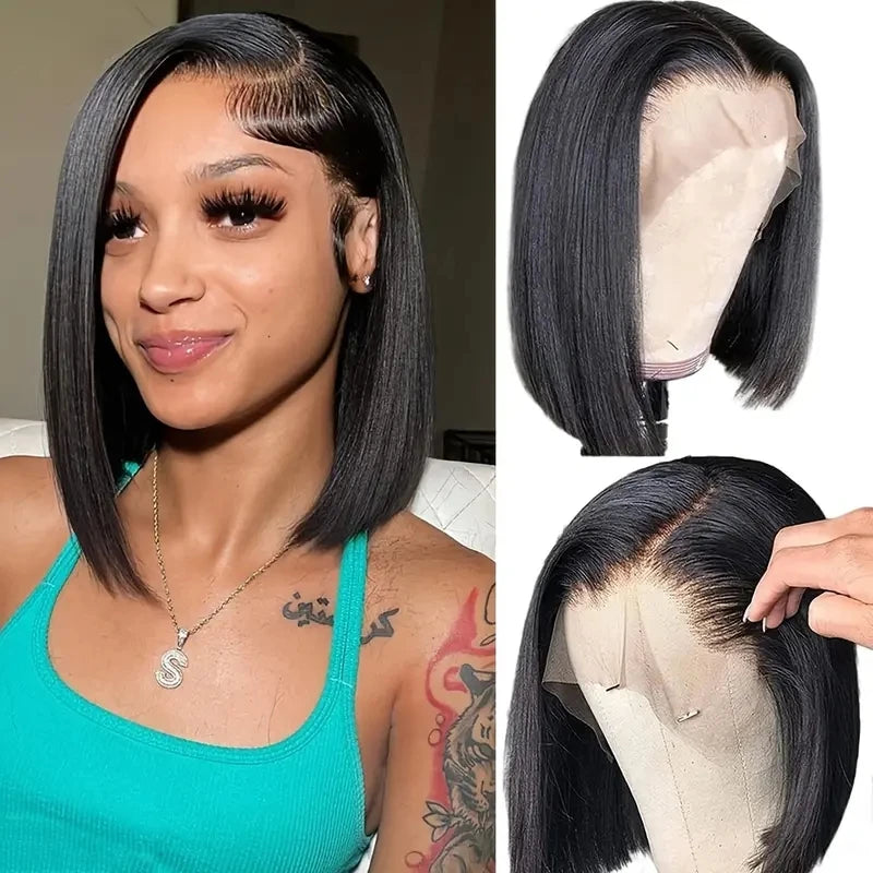 13x4 Lace Front Bob Wig Human Hair 200 Density Brazilian Virgin Straight Hair Wig Pre-Plucked Natural Black