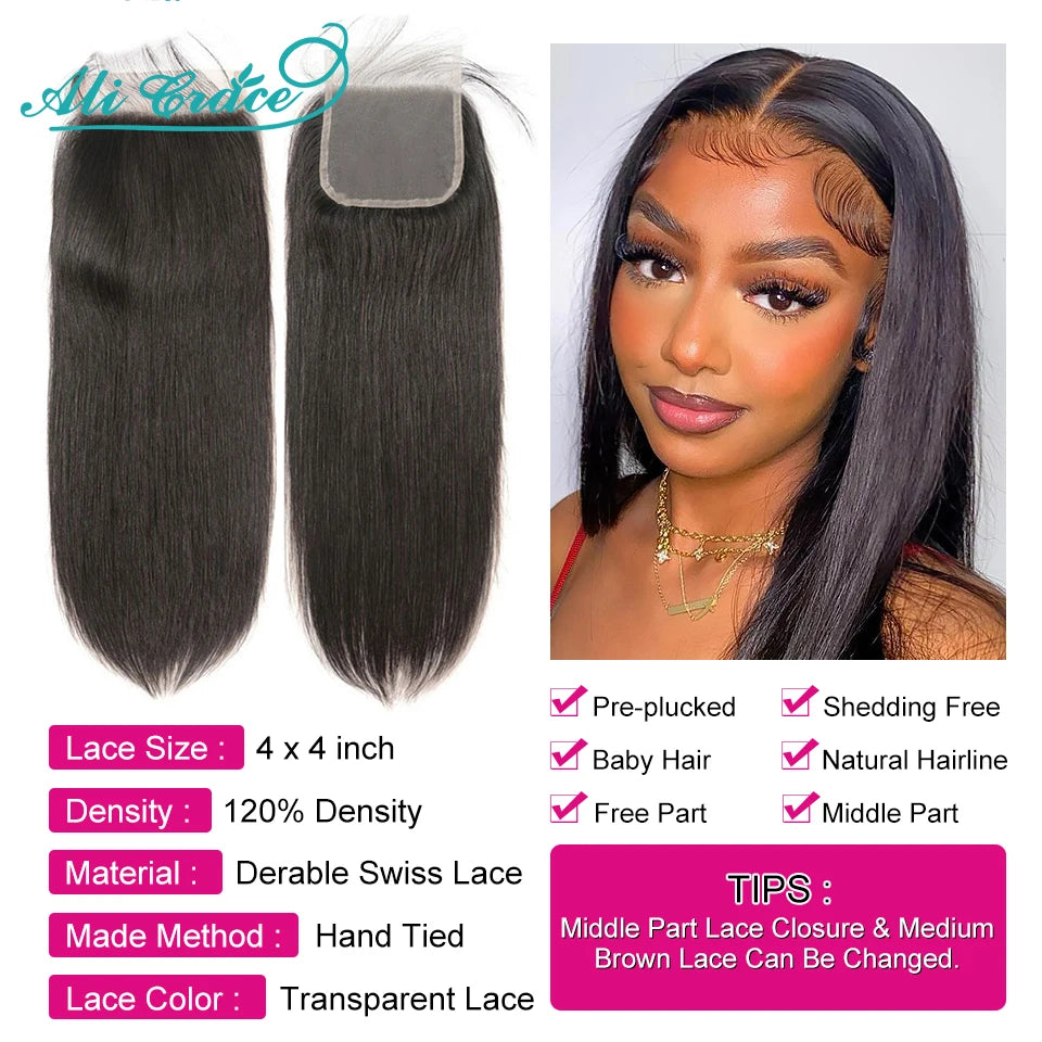 Ali Grace Straight Hair Bundles With Closure 4x4 Closure With Bundle Brazilian Human Hair Weave With Transparent Lace Closure