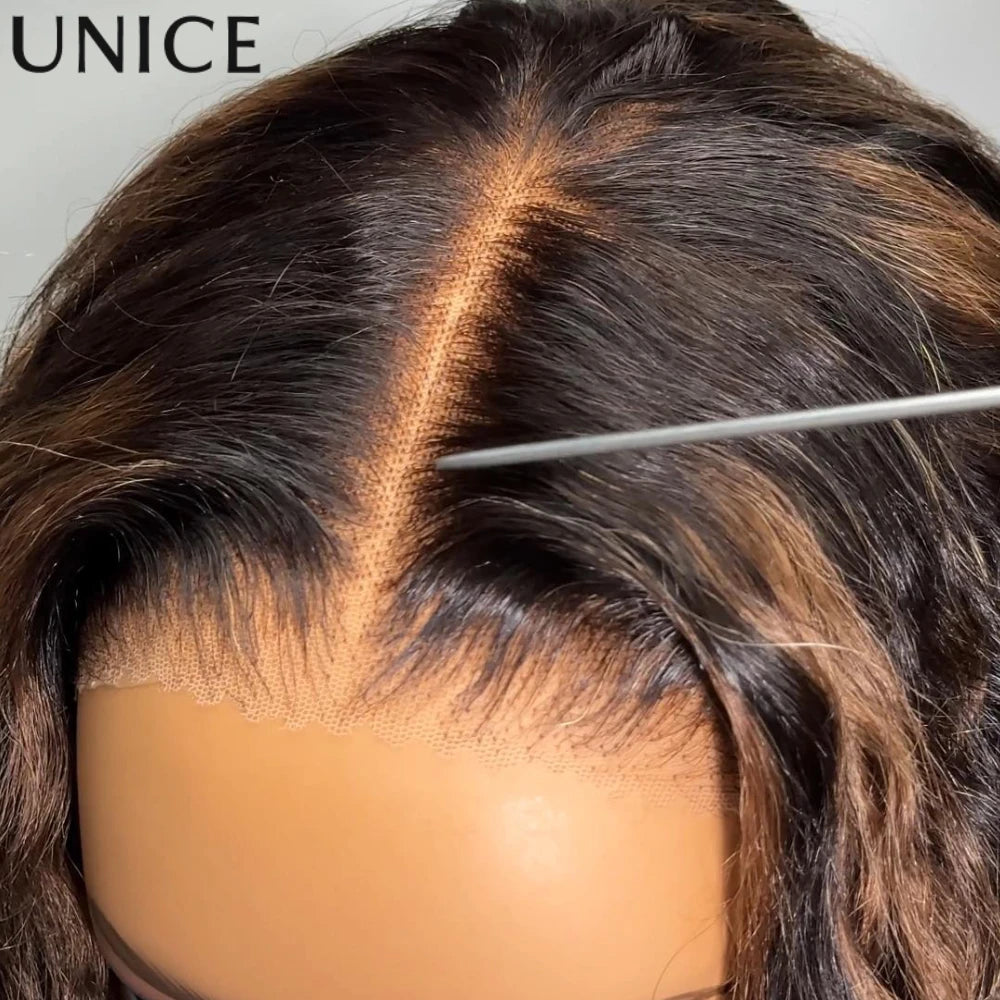 Unice Hair Water Wave Wig With Golden Brown Highlights 7x5 Pre Cut Pre Bleached Glueless Human Hair Lace Front Wig 150% Density
