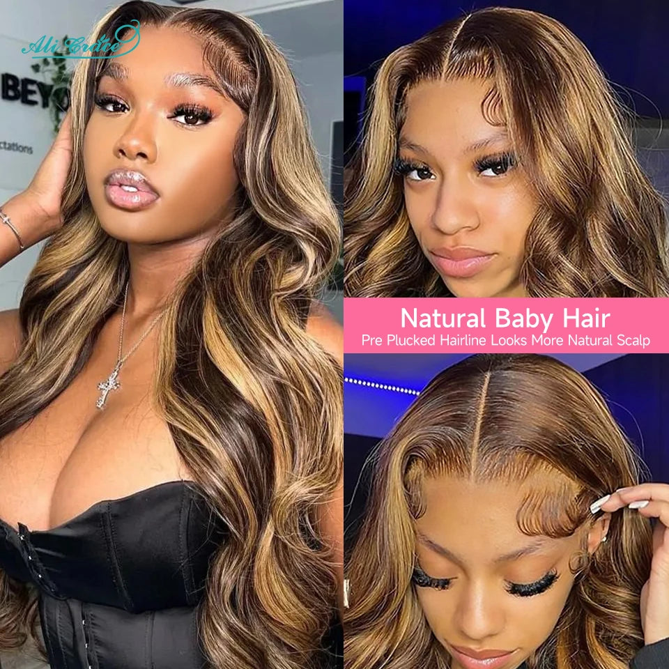 Ali Grace Body Wave Lace Front Human Hair Wigs Highlight Brown Body Wave 4x4 Lace Closure Wig 13x4 Lace Front Wigs for Women