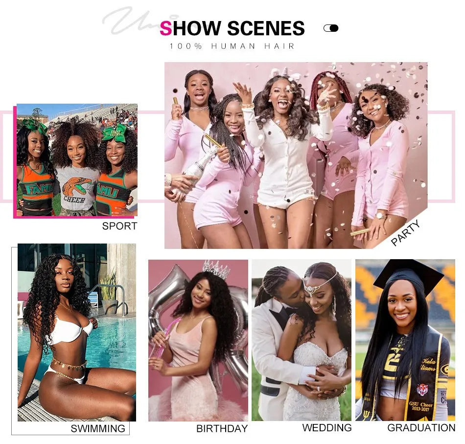 UNICE Black Cherry Loose Wave Curtain Bangs Wig With Invisi Drawstring 7x5 13x4 Pre Cut Pre Bleached Glueless Wig Human Hair