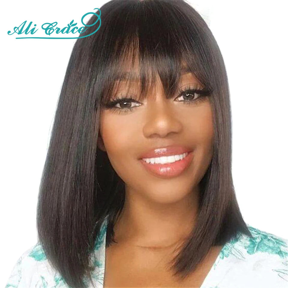 Ali Grace Brazilian Straight Bob Wig With Bangs Machine Made Wig Natural Color Human Hair Wigs Short Bob Fringe Wigs For Women