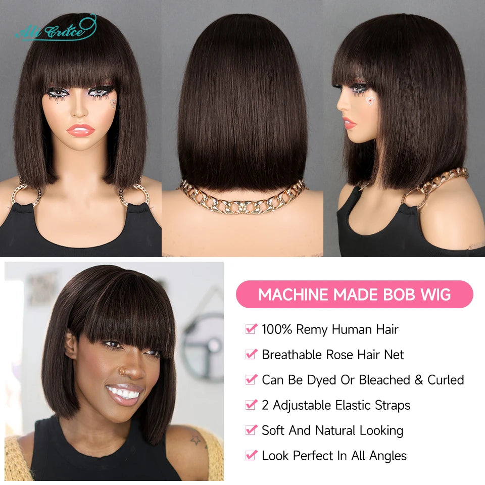 Ali Grace Short Bob Wig With Bang #2 Color Bone Straight Human Hair Wigs For Women Full Machine Made Fringe Wigs Wig Dark Brown
