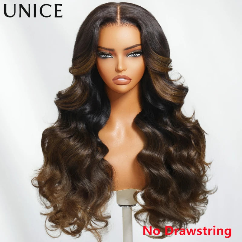 UNice Bye-Bye Knots 7x5 Lace Black To Chestnut Brown Ombre Yaki Straight Human Hair Wig With Invisi Drawstring & Loose Wave Wig
