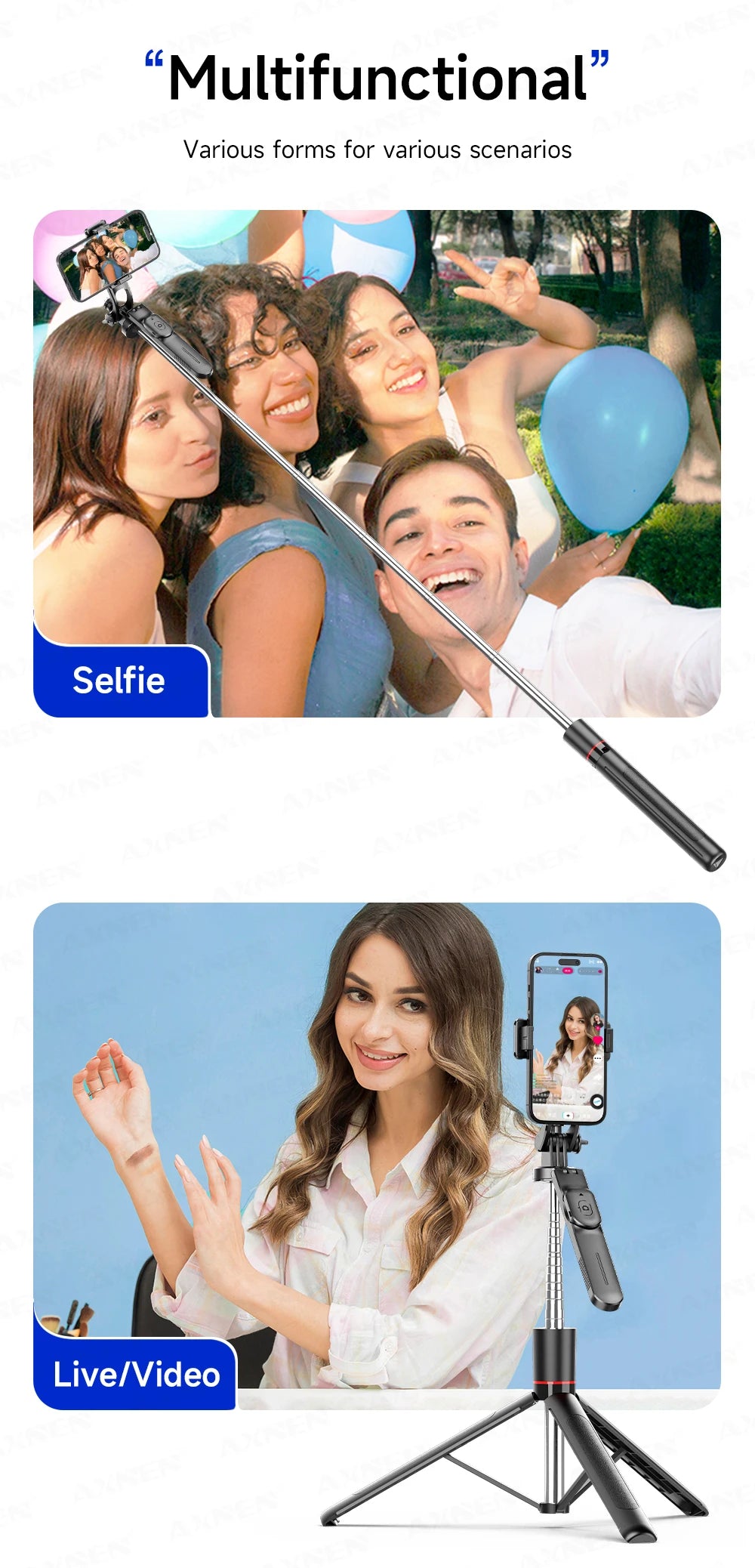 AXNEN New 1.7M Wireless Selfie Stick Tripod Foldable Stand For Gopro Action Camera Smartphones Balance Steady Shooting Live Vlog
