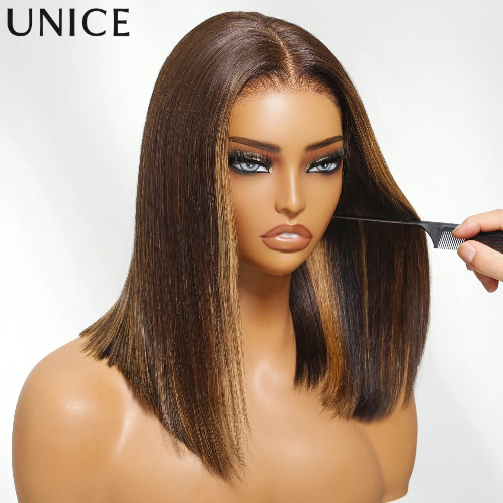 UNice Bye-Bye Knots 7x5 Lace Brown Piano Highlights Straight Bob Wig With Dark Roots Glueless Bob Wigs Human Hair Ready To Wear