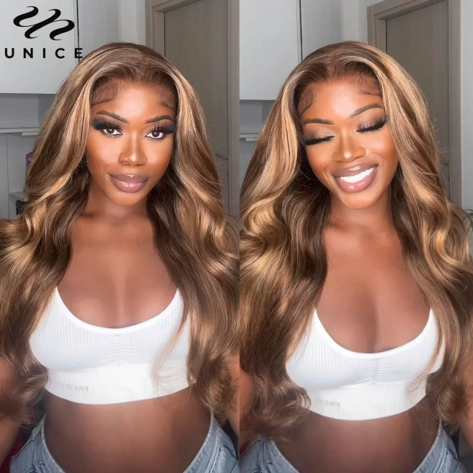 UNice Hair Pre Bleached Knots 7x5 Lace Wig TL412 Brown Blonde Highlight Body Wave Wig Human Hair Lace Front Wig Glueless Wear Go