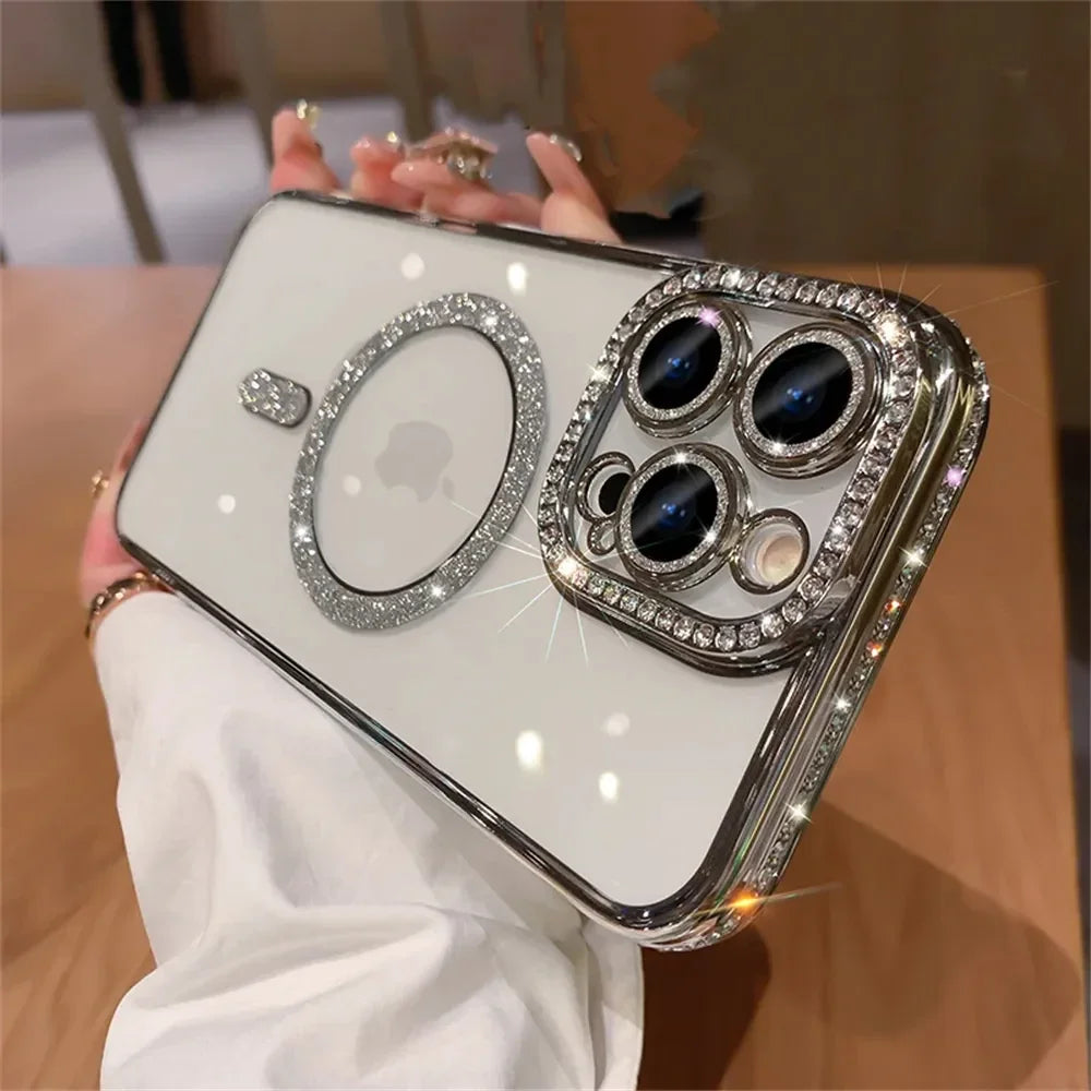 New Fashion Glitter Diamond Transparent Case For iPhone 16 15 14 13 17 12 Pro Max 16 Plus Magnetic Wireless Charge Bumper Cover