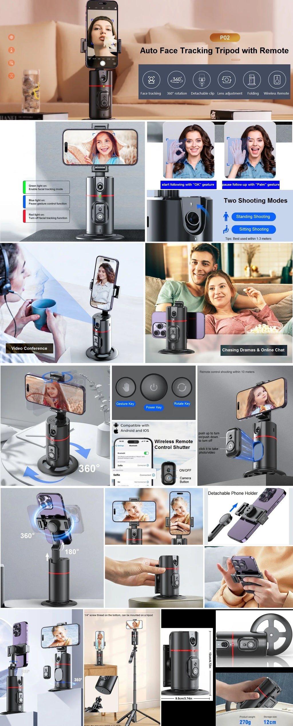 Auto Face Tracking Tripod 360° Rotation, Auto Tracking Phone Holder Remote Moving Tripod for Live Video Vlog