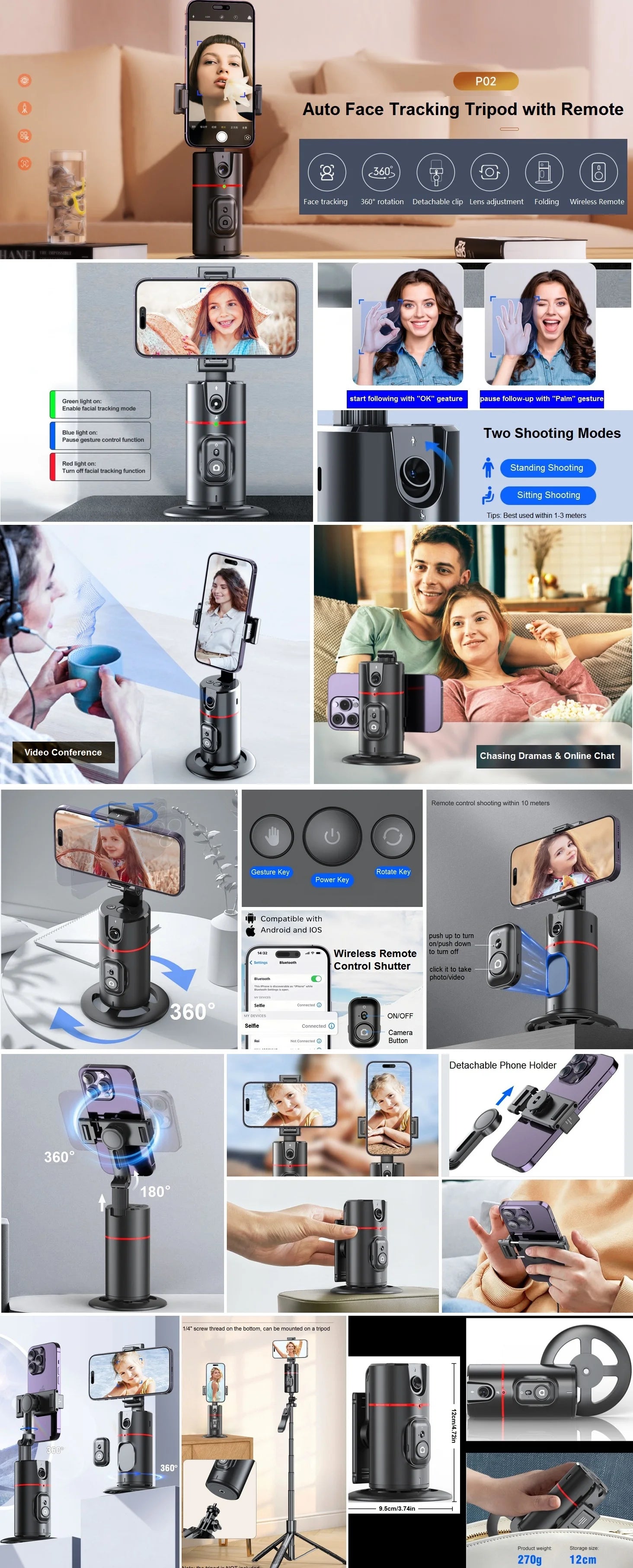 Auto Face Tracking Tripod 360° Rotation, Auto Tracking Phone Holder Remote Moving Tripod for Live Video Vlog