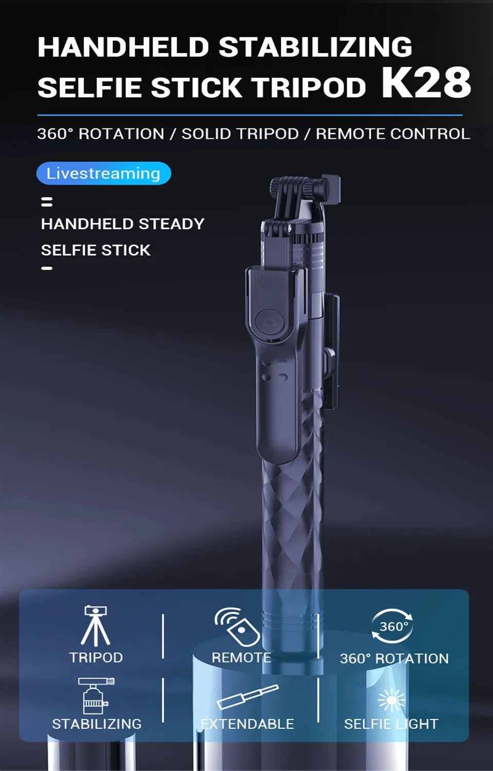 Roreta K28 Long Wireless Selfie Stick Tripod Stand Foldable Monopod With Remote shutter For Smartphones TIKTOK Shooting Live