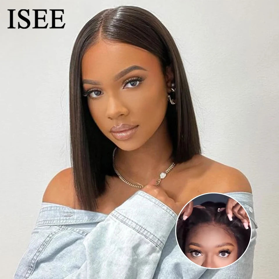 ISEE Hair Wear Go Human Hair Wigs Pre Cut PrePlucked Bone Straight Bob Wigs Transparent 7X5 Lace Front Glueless Wig Ready To Go