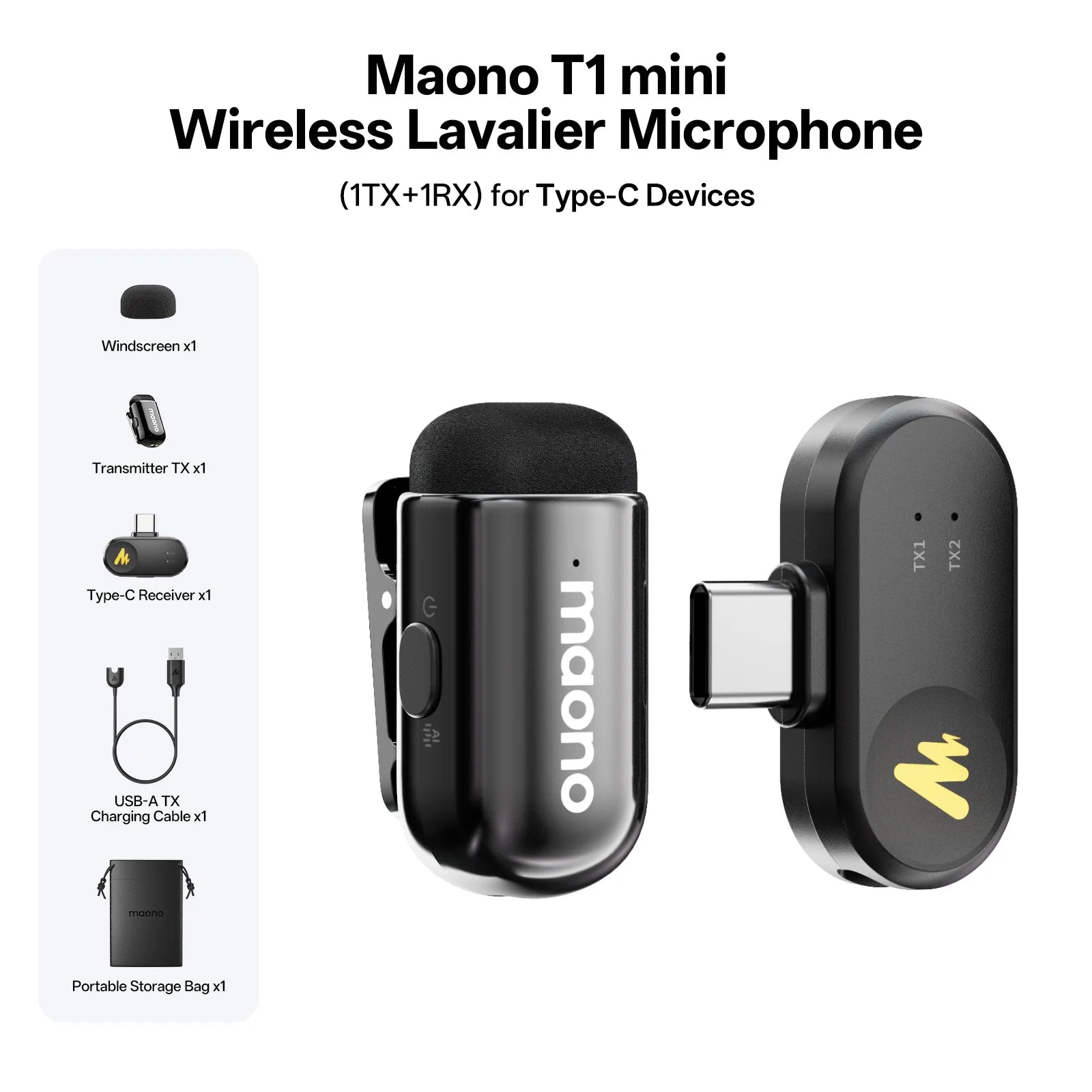 MAONO Wave T1 mini Wireless Lavalier Microphone Mini Lapel Mic for iPhone Android PC AI Noise Cancellation for Video Recording