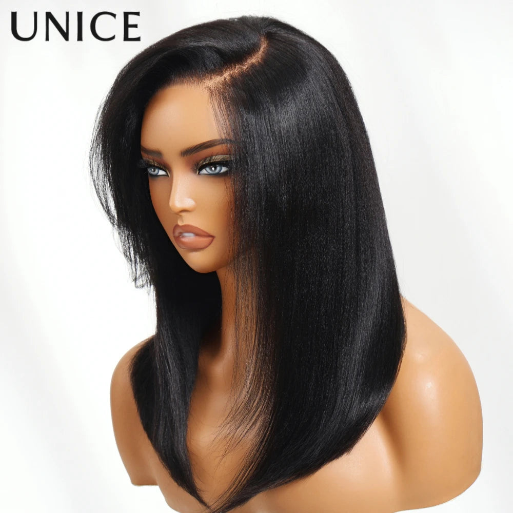 UNice Hair 7x5 Lace Drawstring Cap Yaki Straight Wig With Side Bangs Pre Cut Pre Bleached Glueless Wig Human Hair 150% Density