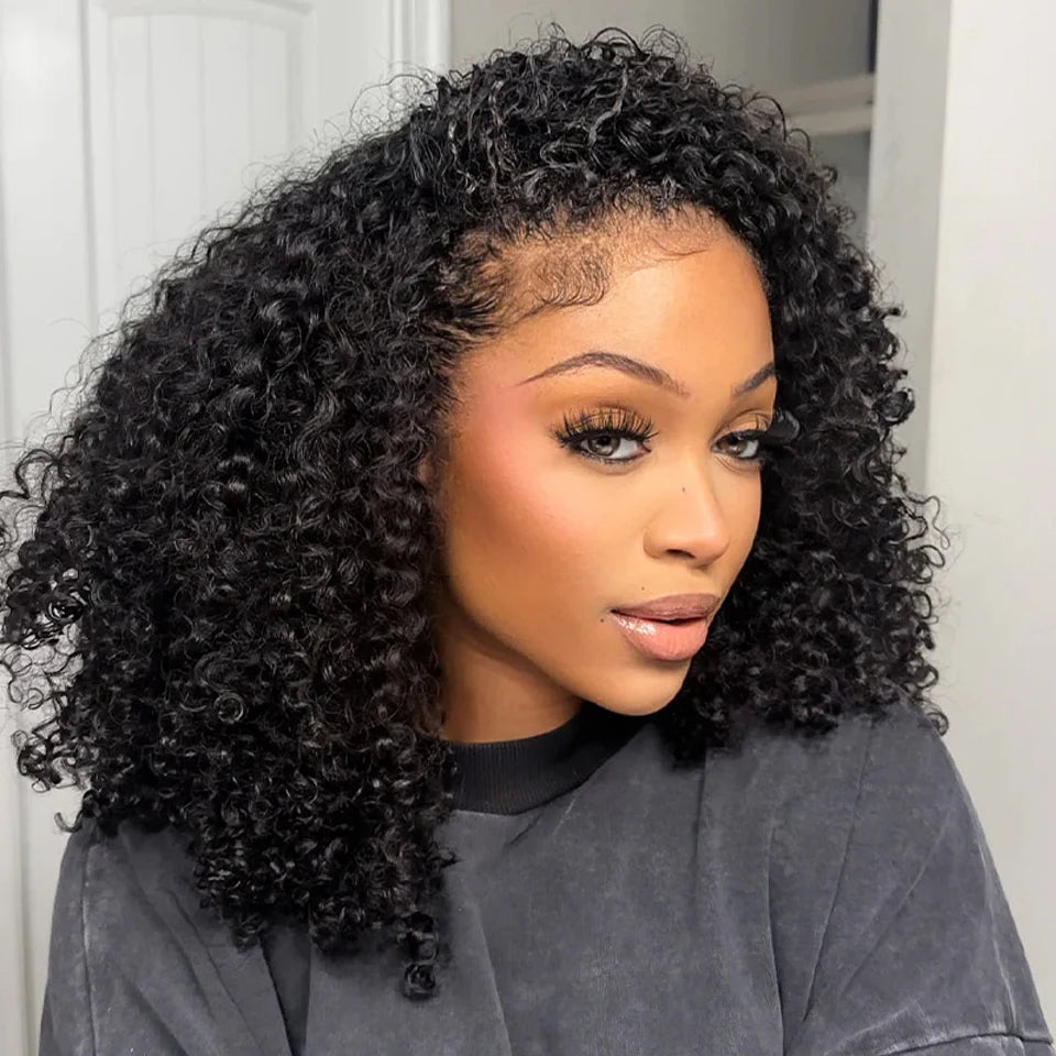 ISEE Glueless Human hair Wigs Kinky Curly Headband Wig Upgrade 3 IN 1 Half Wig With Drawstring Seamless Clip Ins Flip Over