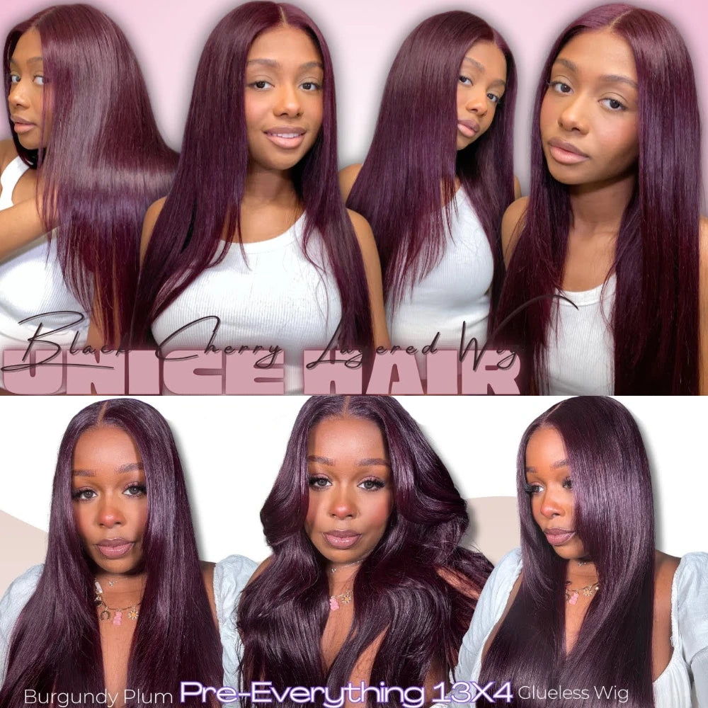 UNICE Hair 13x4 Pre-Everything Lace Frontal Wig Black Cherry Layered Straight Wig Pre Cut Pre Bleached Human Hair Lace Front Wig