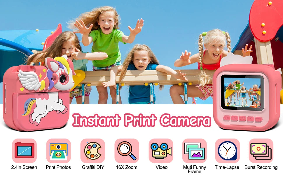 Kids Camera Instant Camera, 2.4" 12MP 1080P HD IPS Screen Printing Camera for Kids, Instant Camera with 32G Memory Card