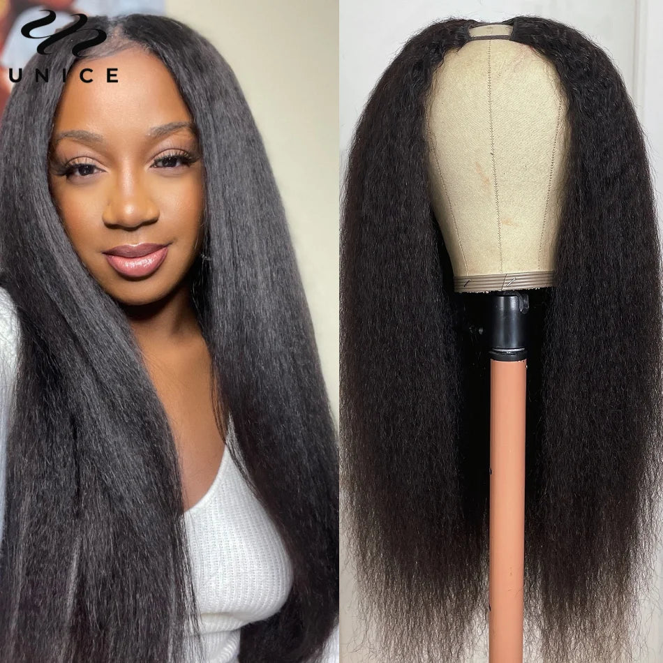 Unice Hair EasiContour Kinky Straight V Part Wig With Elastic Drawstring 100% Human Hair Upgrade U Part Wig 150% Density