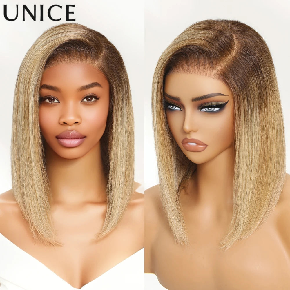 Unice Hair 7x5 Lace Blonde Straight Bob Wig Human Hair With Brown Roots Pre Cut Pre Bleached Glueless Wig Human Hair