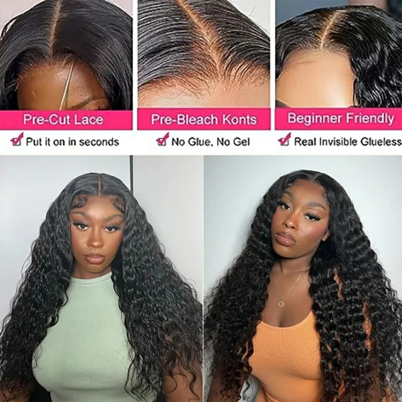 Wear And Go Pre Cut PrePlucked Glueless Wig ISEE Hair Deep Wave Lace Front Human Hair Wig HD Transparent Lace Closure Curly Wigs