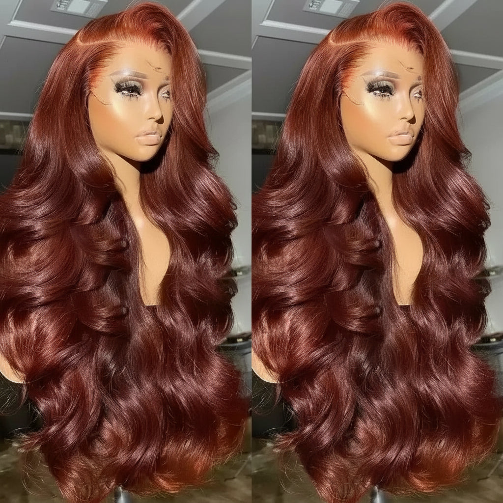 Premium 250% Density Auburn Reddish Brown Body Wave Lace Front Wig - 30-32 Inch Brazilian Human Hair HD Lace Wig