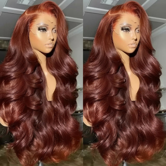 Premium 250% Density Auburn Reddish Brown Body Wave Lace Front Wig - 30-32 Inch Brazilian Human Hair HD Lace Wig