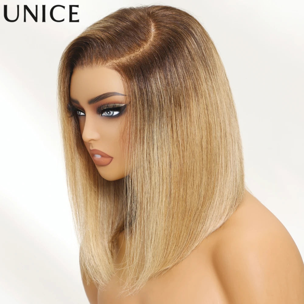 Unice Hair Ombre Blonde Straight Bob Wig 7x5 Pre Cut Pre Bleached Glueless Wig Human Hair Bob Wigs 150% Density