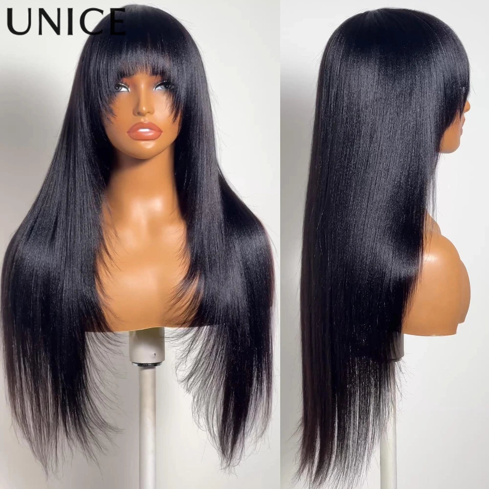 Unice Hair Layered Cut Yaki Straight Human Hair Wig With Bangs Full Machine Made Wig 150% Density