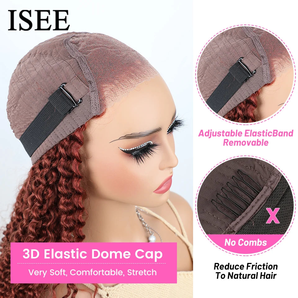 ISEE HAIR Wig Reddish Brown Wear Go Glueless Human Hair Wigs Mongolian Kinky Curly 6x4 Lace Glueless Human Hair Wigs Ready To Go