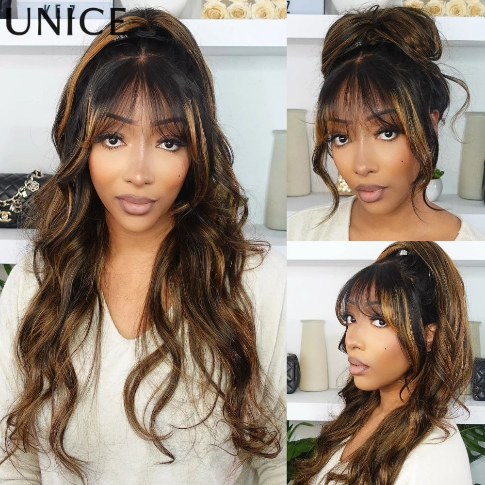 UNICE Hair Balayage Highlights Fluffy Loose Wave Wig With Curtain Bangs 7x5 13x4 Lace Front Human Hair Wigs With Drawstring