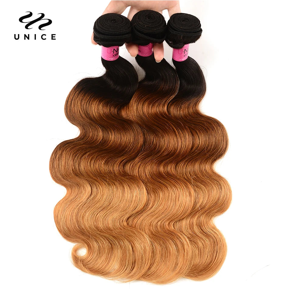UNICE HAIR Ombre Hair Bundles Brazilian Body Wave 3 Bundles 100% Human Hair Weaves Remy Hair Extension 16-26inch Free Shipping