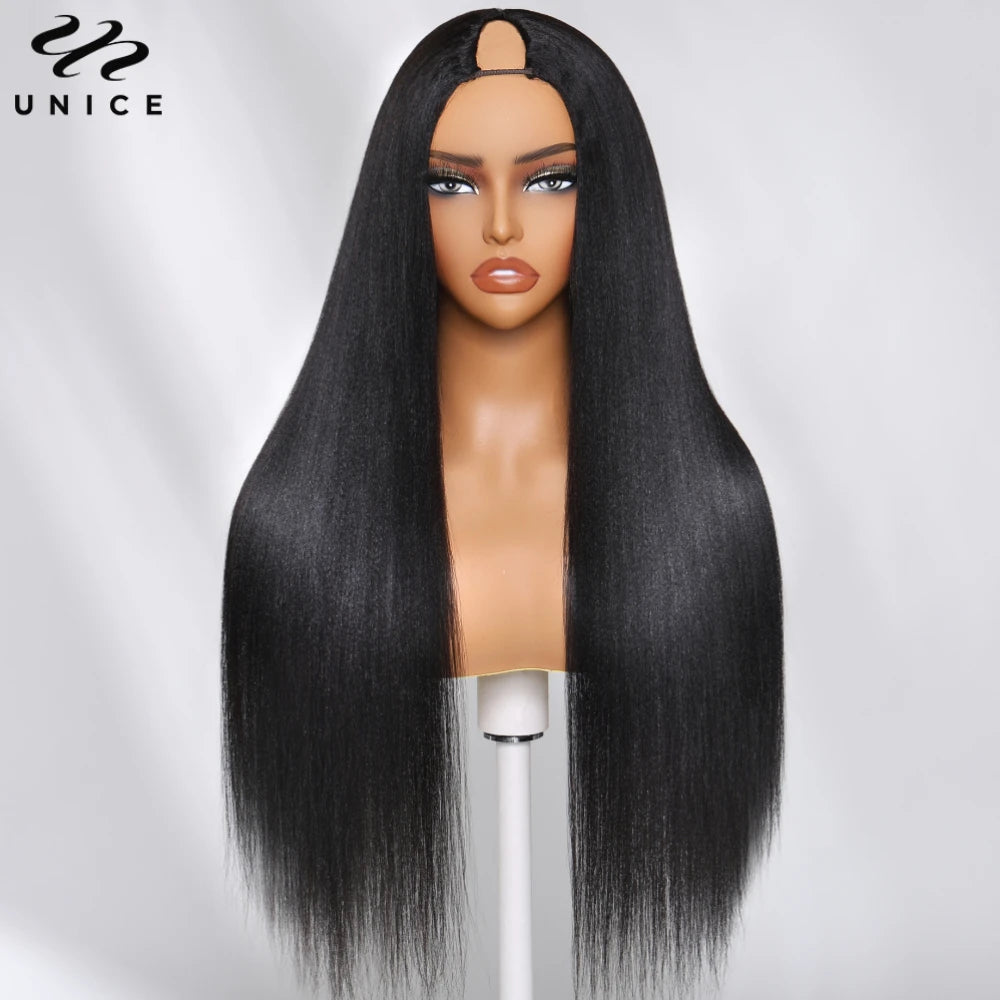 UNice Hair EasiContour V Part Wig 100% Human Hair Yaki Straight Wig With Invisible Drawstring Most Natural Upgraded V-Part Wig