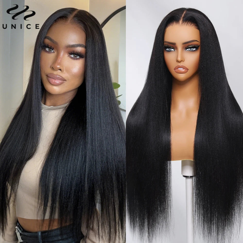 UNice Hair Reddish Brown Yaki Straight Wig 7x5 Lace Pre Cut Pre Bleached Glueless Wig Human Hair Ready To Wear 150% Density