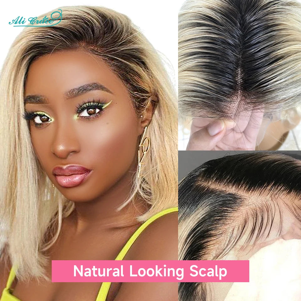 Ali Grace Bob Wigs Human Hair T1B/613 Ombre Straight Hair Short Bob 13X4 Lace Front Wigs For Women Pre-Plucked Hairline Bob Wigs