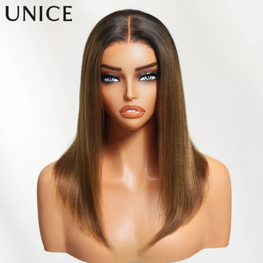 Unice Hair Chestnut Brown Yaki Straight Bob Wig 7x5 Pre Cut Pre Bleached Glueless Wig Human Hair Ready To Wear 150% Density