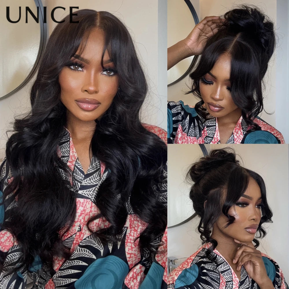 UNICE Hair 13x4 HD Real Scalp Wig Drawstring Cap Loose Wave with Face Framing Curtain Bangs Pre Cut Pre Bleached Glueless Wig