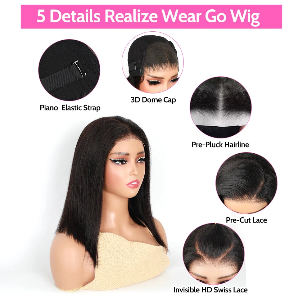 ISEE Hair 4x4 Wear Go Glueless Wigs Preplucked Straight Short Bob Prebleached Ready To Wear Wigs For Women PreCut Lace Wear Go