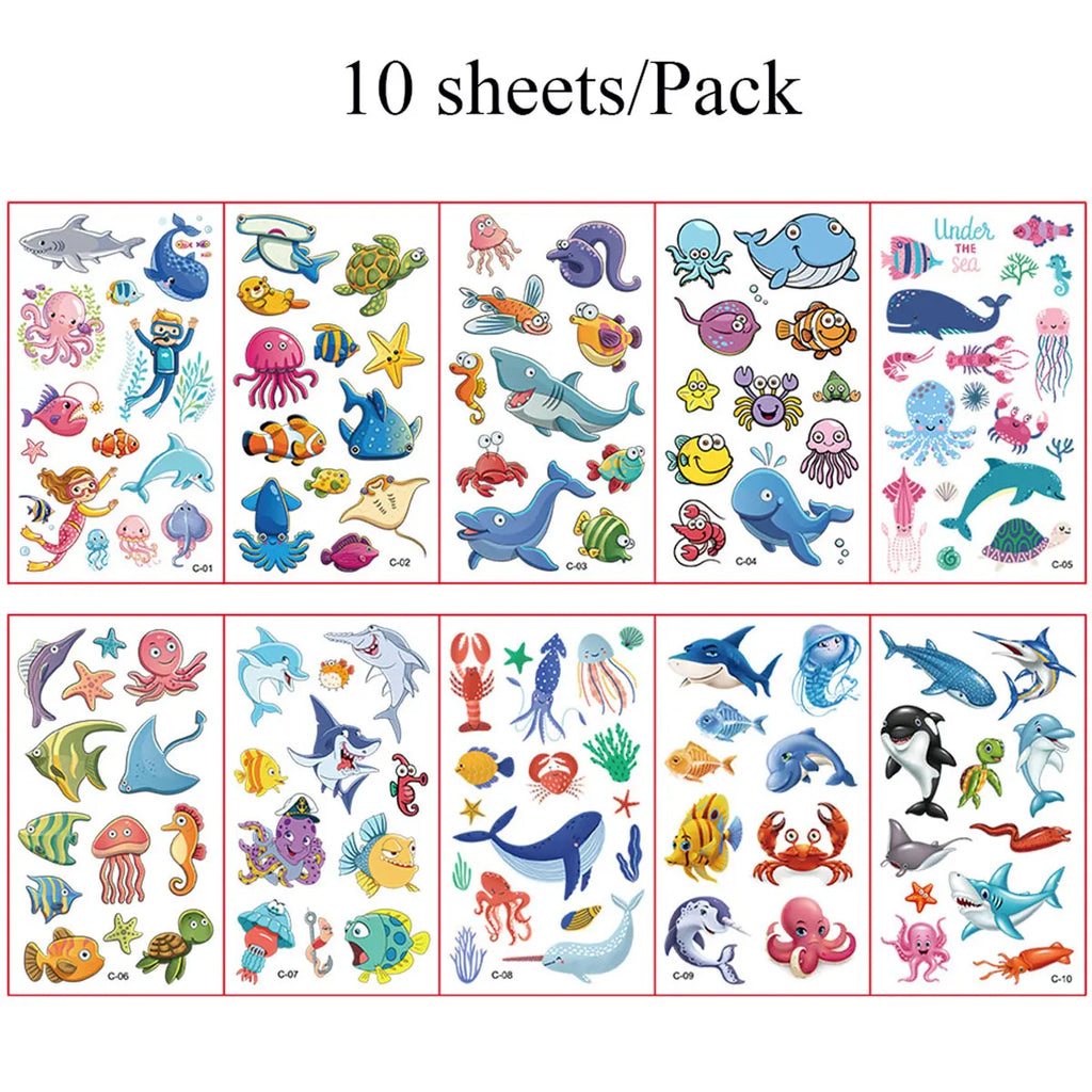 10Pcs Cartoon Temporary Tattoos for Hand Disposable Underwater World Crabs Dolphins Octopus Jellyfish Design Tattoos Sticker