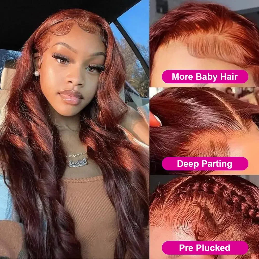 Premium Reddish Brown Body Wave Lace Front Wig - 13x6 HD Brazilian Human Hair Wig 30-40 Inch
