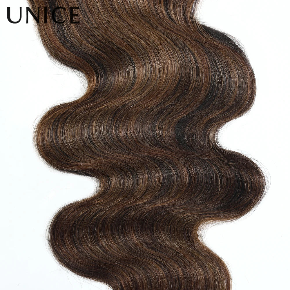 UNICE Hair Chestnut Brown Body Wave Human Hair Bundles With Closure 2/3/4 PCS Hair Bundles With 4x4 Lace Closure