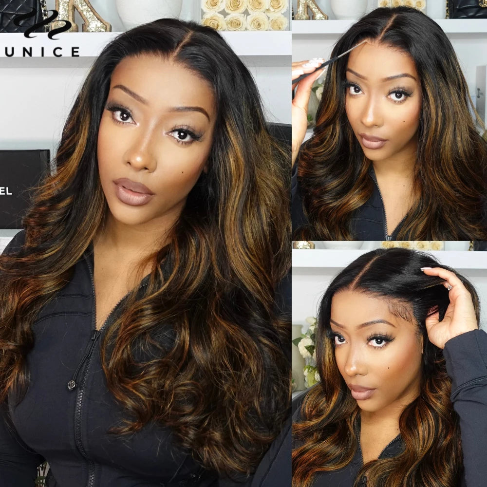 Unice Balayage Brown Body Wave Drawstring Wig 7x5 Pre Cut Pre Bleached Glueless Wig 13x4 Human Hair Lace Frontal Wig 150%Density