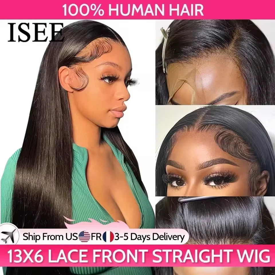 ISEE 13x6 HD Straight Lace Frontal Wigs Full Lace Front Wigs For Women Pre-plucked Transparent Lace Wigs Human Hair Wigs