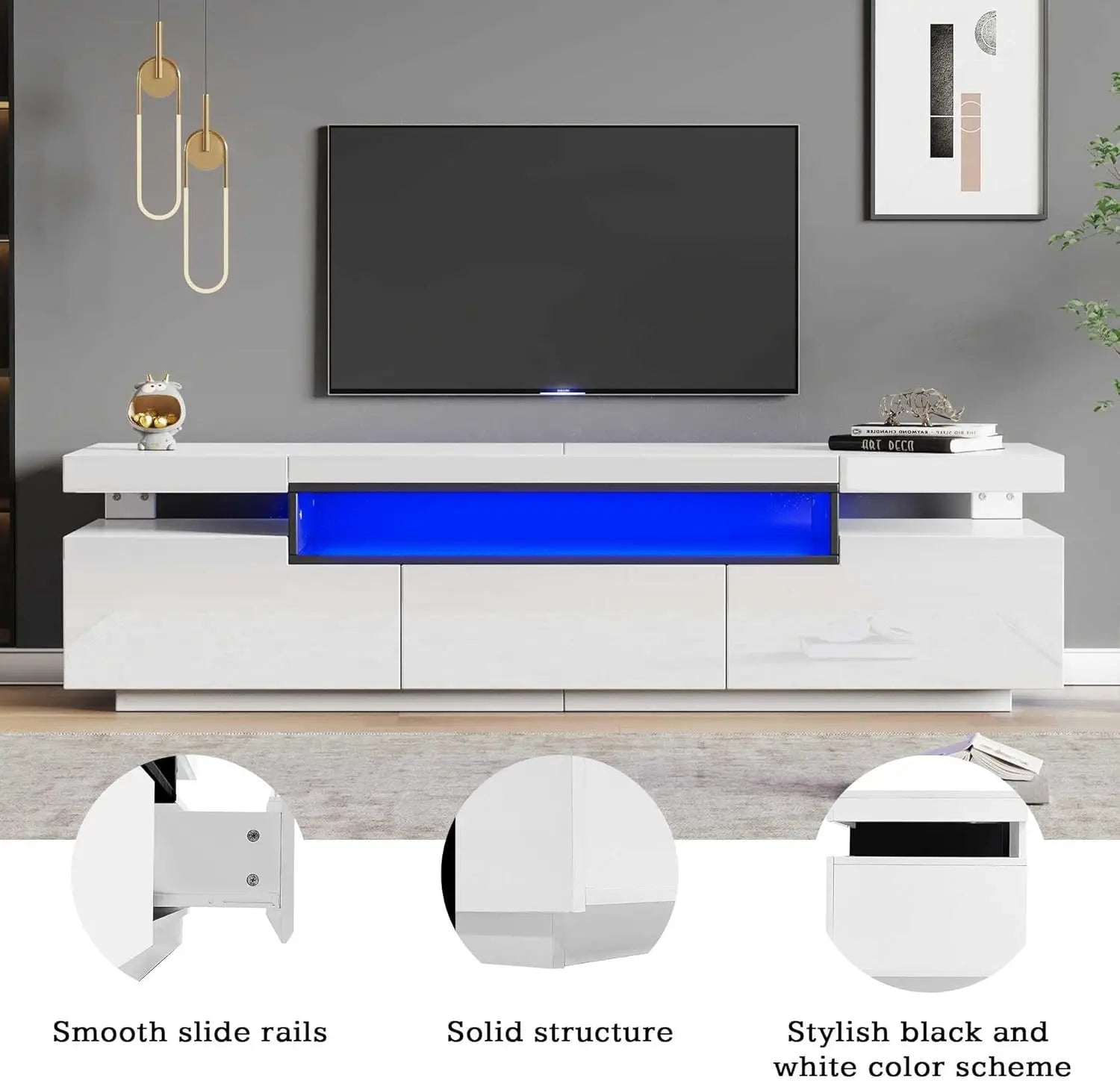 TV stand for 70-inch TV High-visibility TV stand with LED lights with open storage space for bedroom Living room Furniture