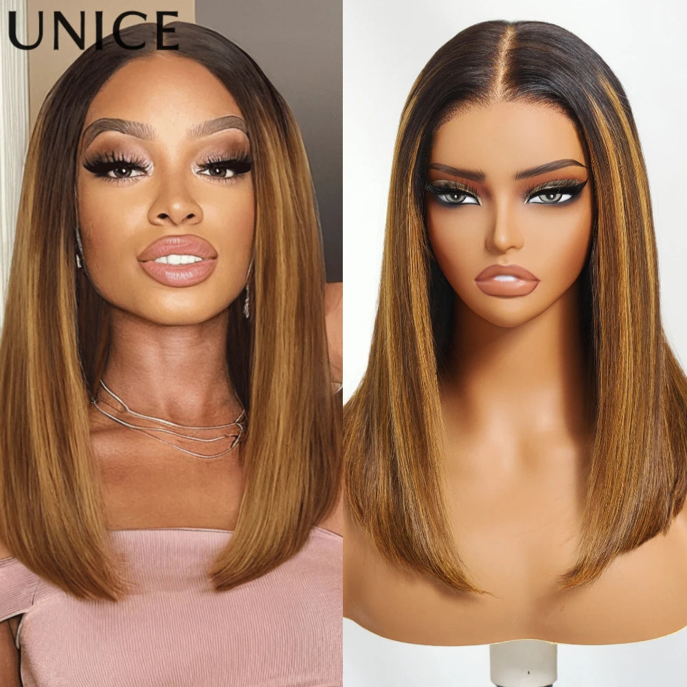 UNice Bye-Bye Knots 7x5 Lace Brown Piano Highlights Straight Bob Wig With Dark Roots Glueless Bob Wigs Human Hair Ready To Wear