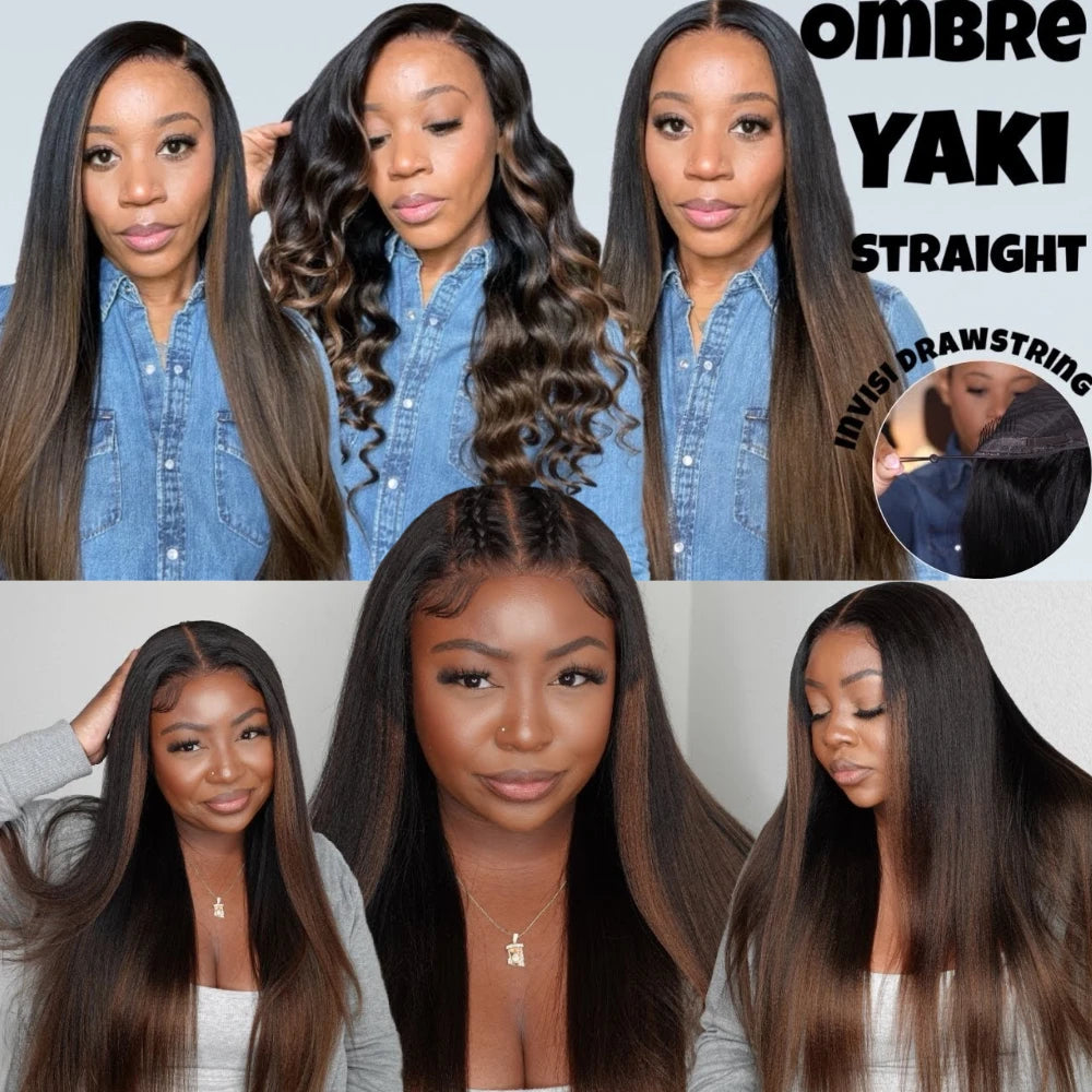 UNice Hair Drawstring Yaki Straight Wig Chestnut Brown Ombre 7x5 Lace Front Human Hair Wigs Pre Cut Pre Bleached Glueless Wig