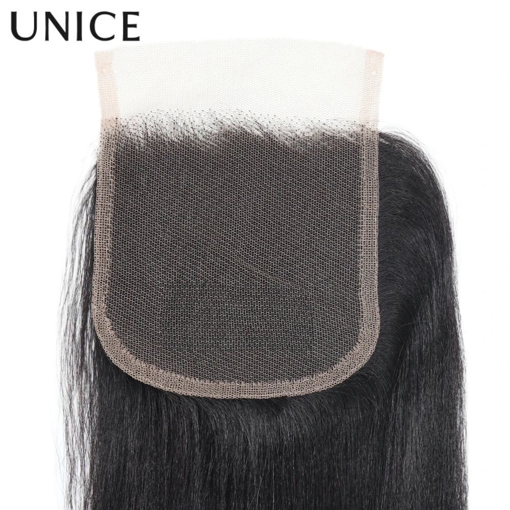 UNICE Hair Yaki Straight Human Hair Bundles With Closure Deal 2/3/4 PCS Bundles Hair And 1PC Free Part 4x4 Inch Lace Closure