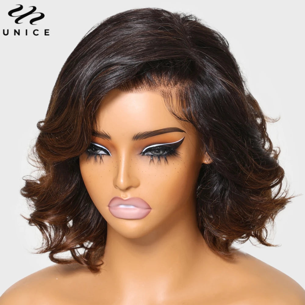 UNice Hair Chestnut Brown Ombre Bob Wigs Pre Everything 13x4 Human Hair Lace Frontal Wigs Wavy Bob Wigs 12Inch 150% Density